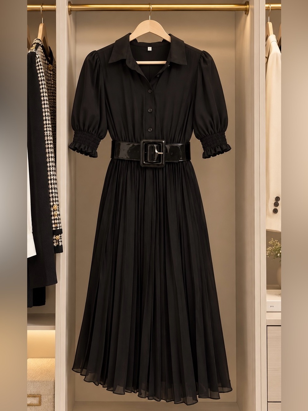 Elegant Black Pleated Shirt Dress โ Size M